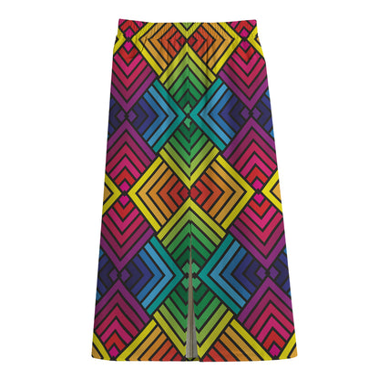 Geometric Rainbow Pattern Print Cotton Front Slit Maxi Skirt