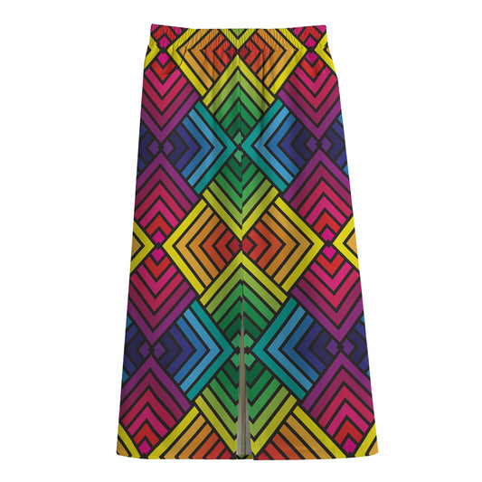 Geometric Rainbow Pattern Print Cotton Front Slit Maxi Skirt