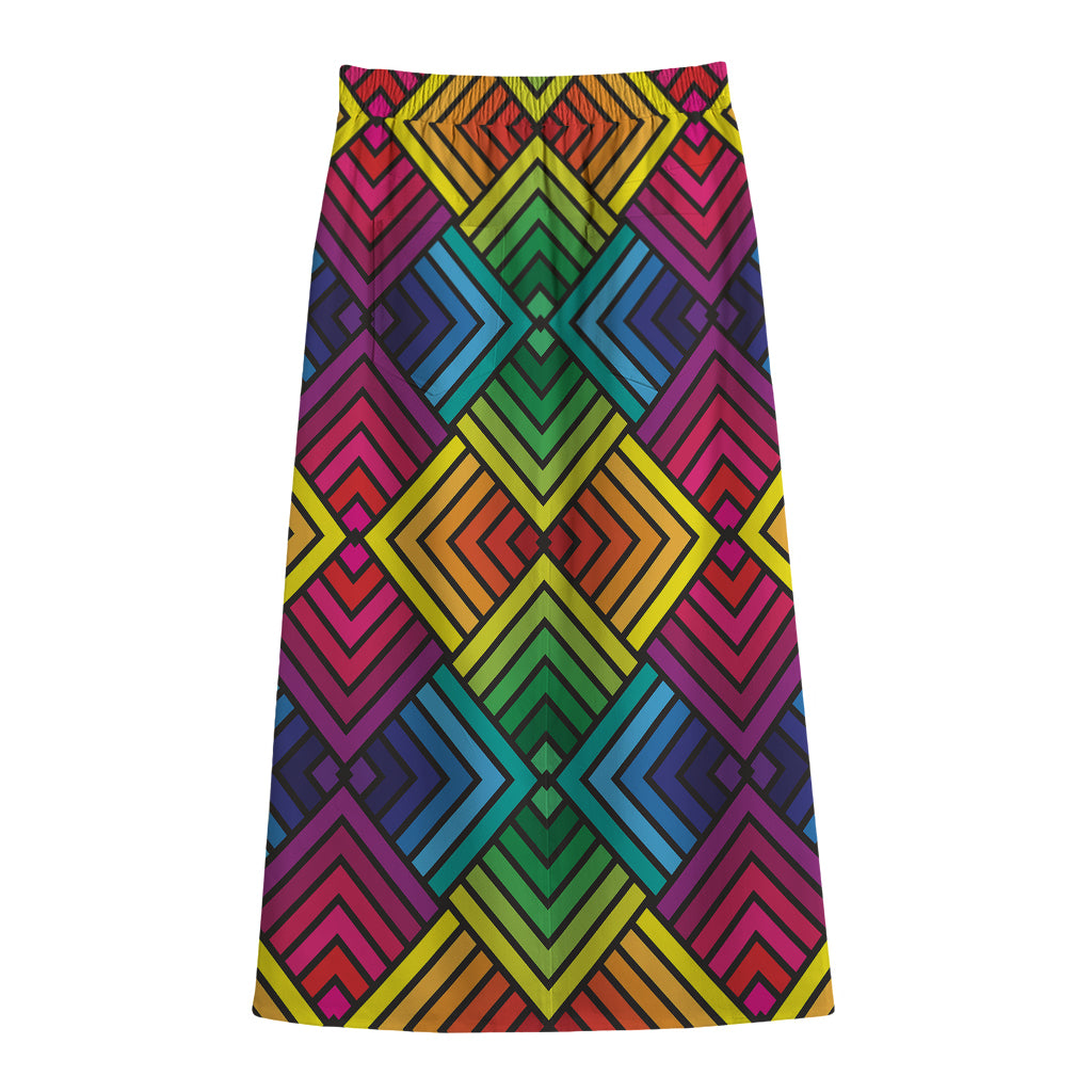 Geometric Rainbow Pattern Print Cotton Front Slit Maxi Skirt
