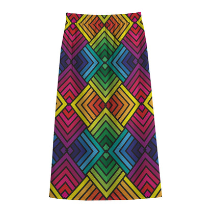Geometric Rainbow Pattern Print Cotton Front Slit Maxi Skirt