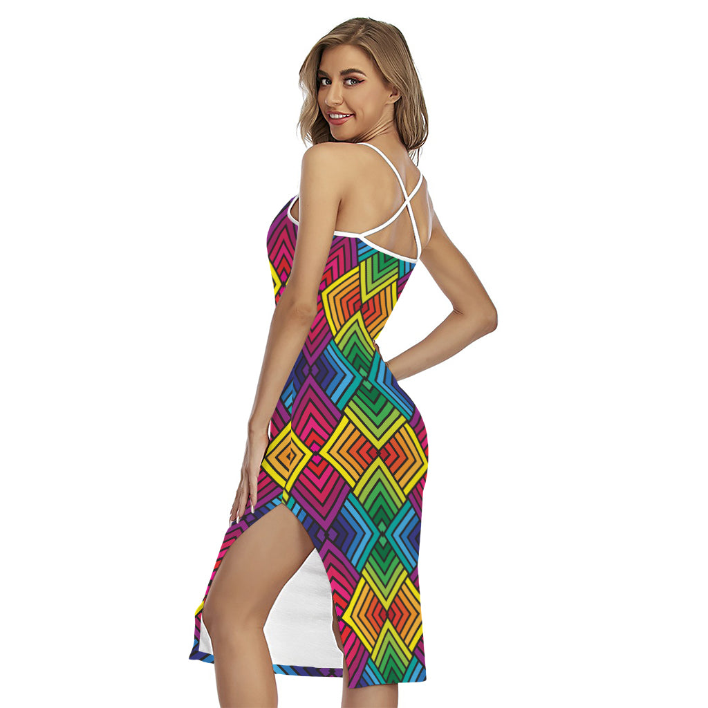 Geometric Rainbow Pattern Print Cross Back Cami Dress