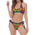 Geometric Rainbow Pattern Print Halter Scoop Tie Side Bikini