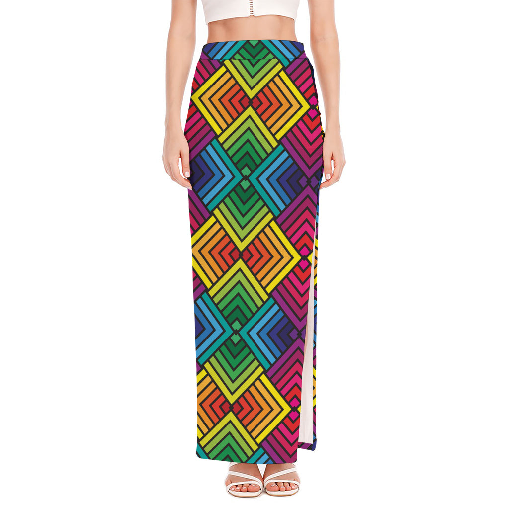 Geometric Rainbow Pattern Print High Slit Maxi Skirt
