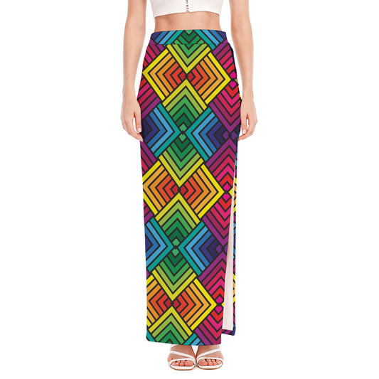 Geometric Rainbow Pattern Print High Slit Maxi Skirt