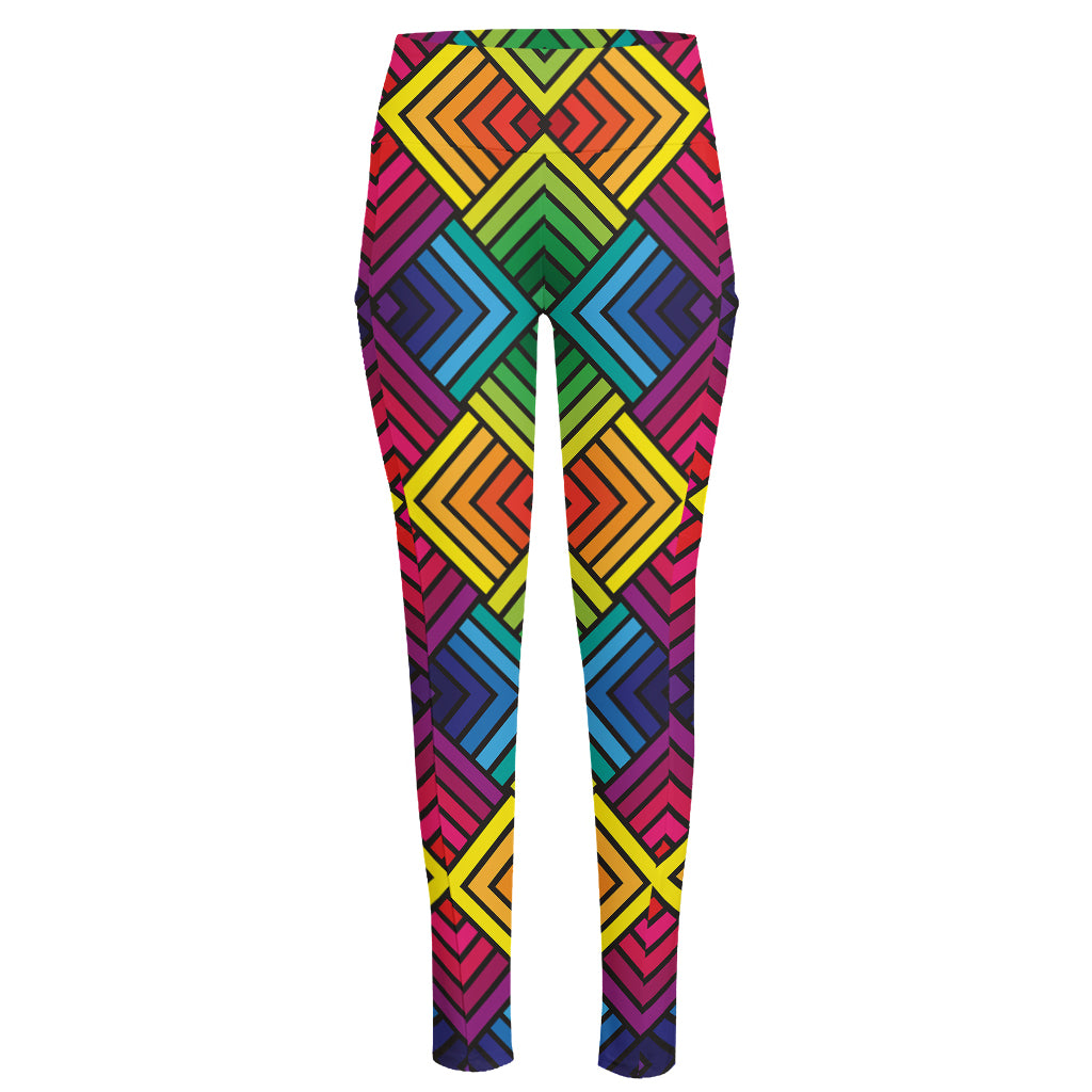 Geometric Rainbow Pattern Print High-Waisted Pocket Leggings