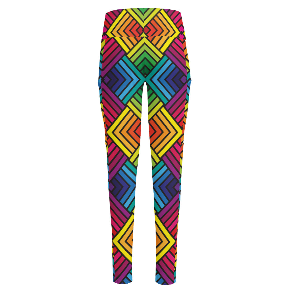 Geometric Rainbow Pattern Print High-Waisted Pocket Leggings