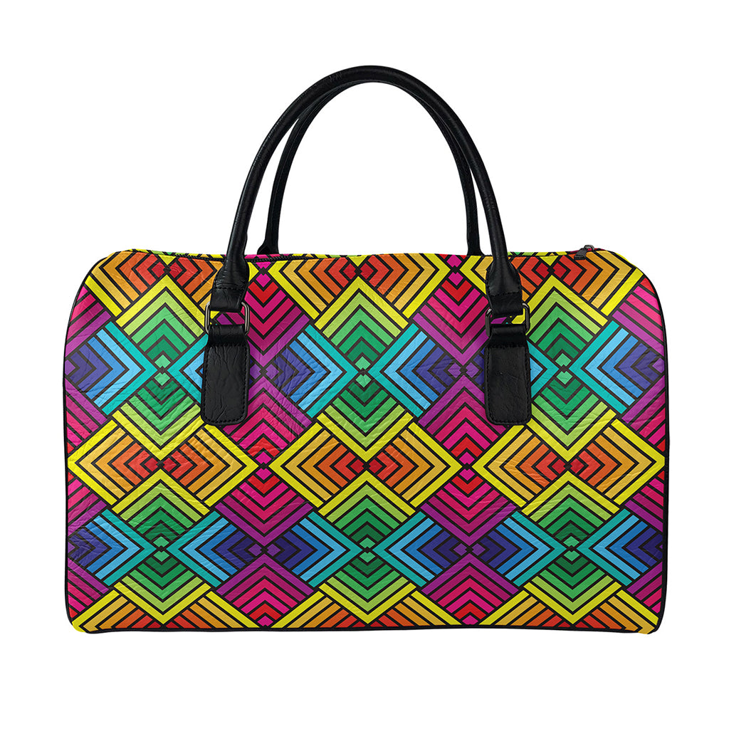 Geometric Rainbow Pattern Print Leather Duffle Bag