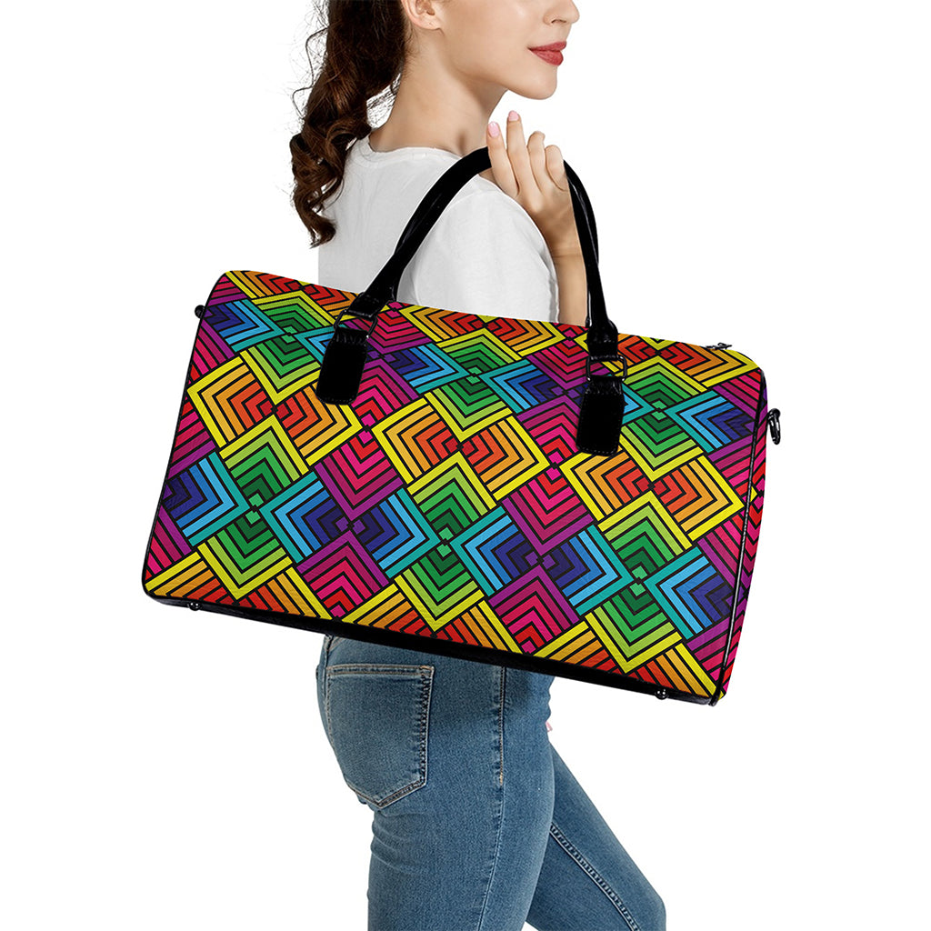 Geometric Rainbow Pattern Print Leather Duffle Bag