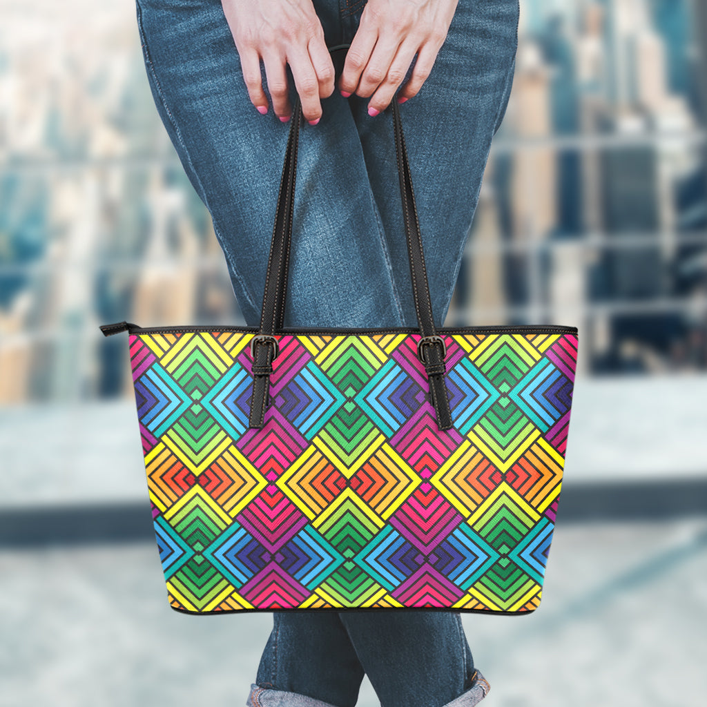 Geometric Rainbow Pattern Print Leather Tote Bag
