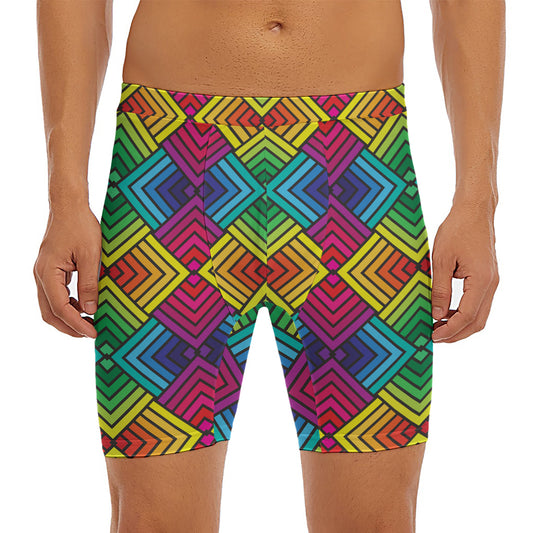 Geometric Rainbow Pattern Print Men's Long Boxer Briefs