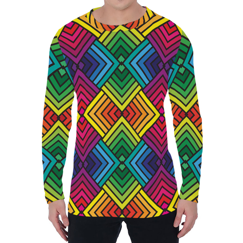 Geometric Rainbow Pattern Print Men's Long Sleeve T-Shirt
