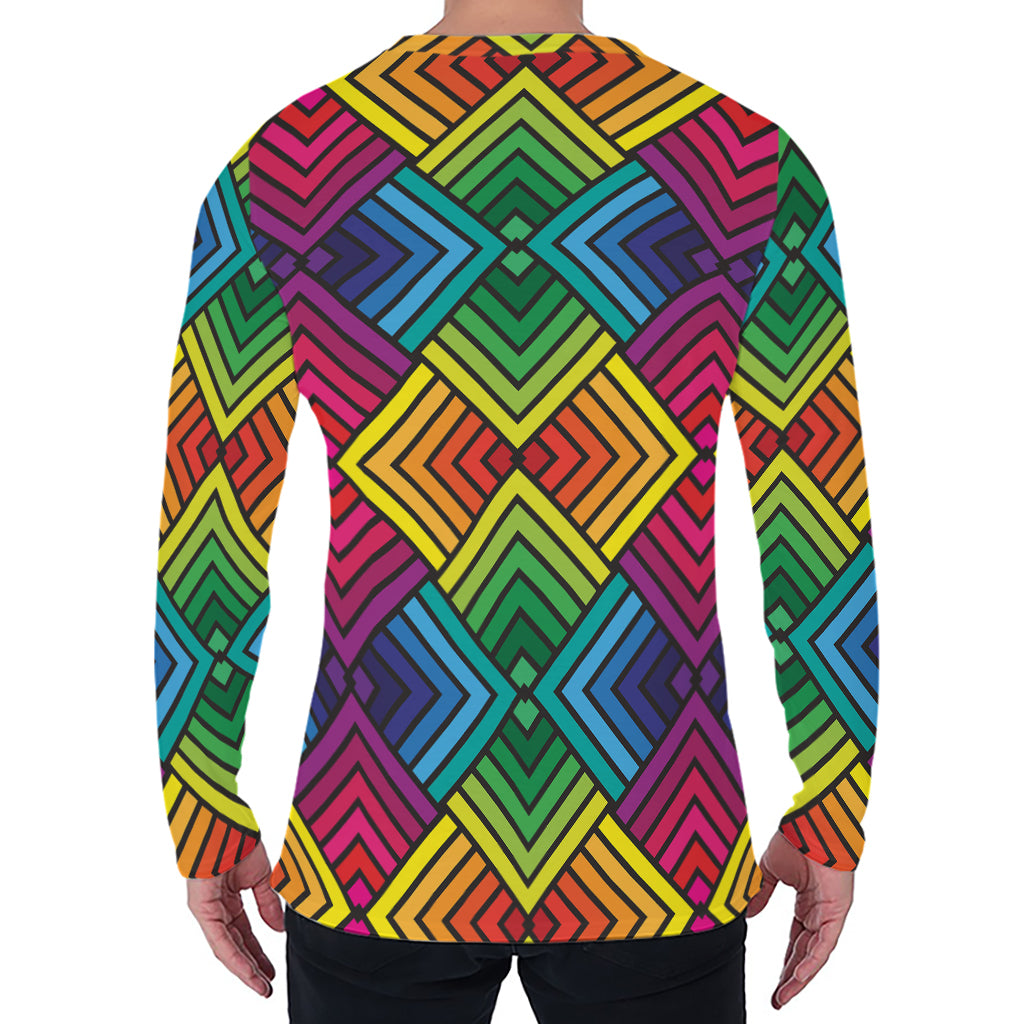 Geometric Rainbow Pattern Print Men's Long Sleeve T-Shirt