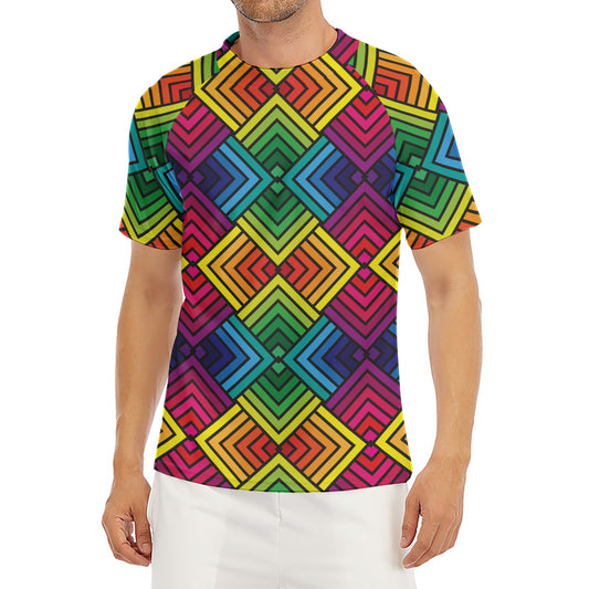 Geometric Rainbow Pattern Print Men's Short Sleeve Rash Guard