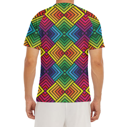Geometric Rainbow Pattern Print Men's Short Sleeve Rash Guard