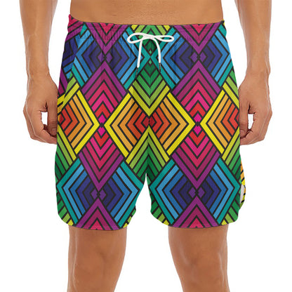 Geometric Rainbow Pattern Print Men's Split Running Shorts