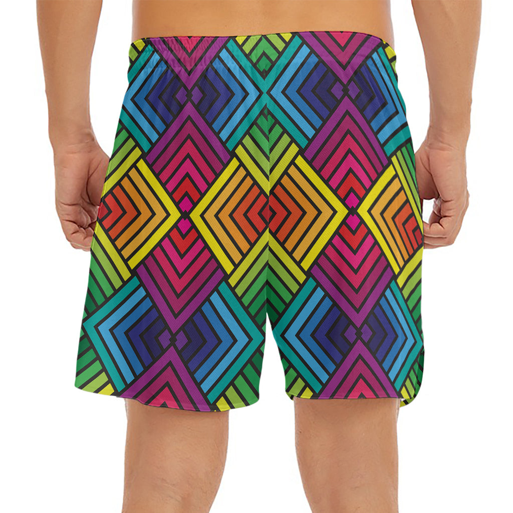 Geometric Rainbow Pattern Print Men's Split Running Shorts