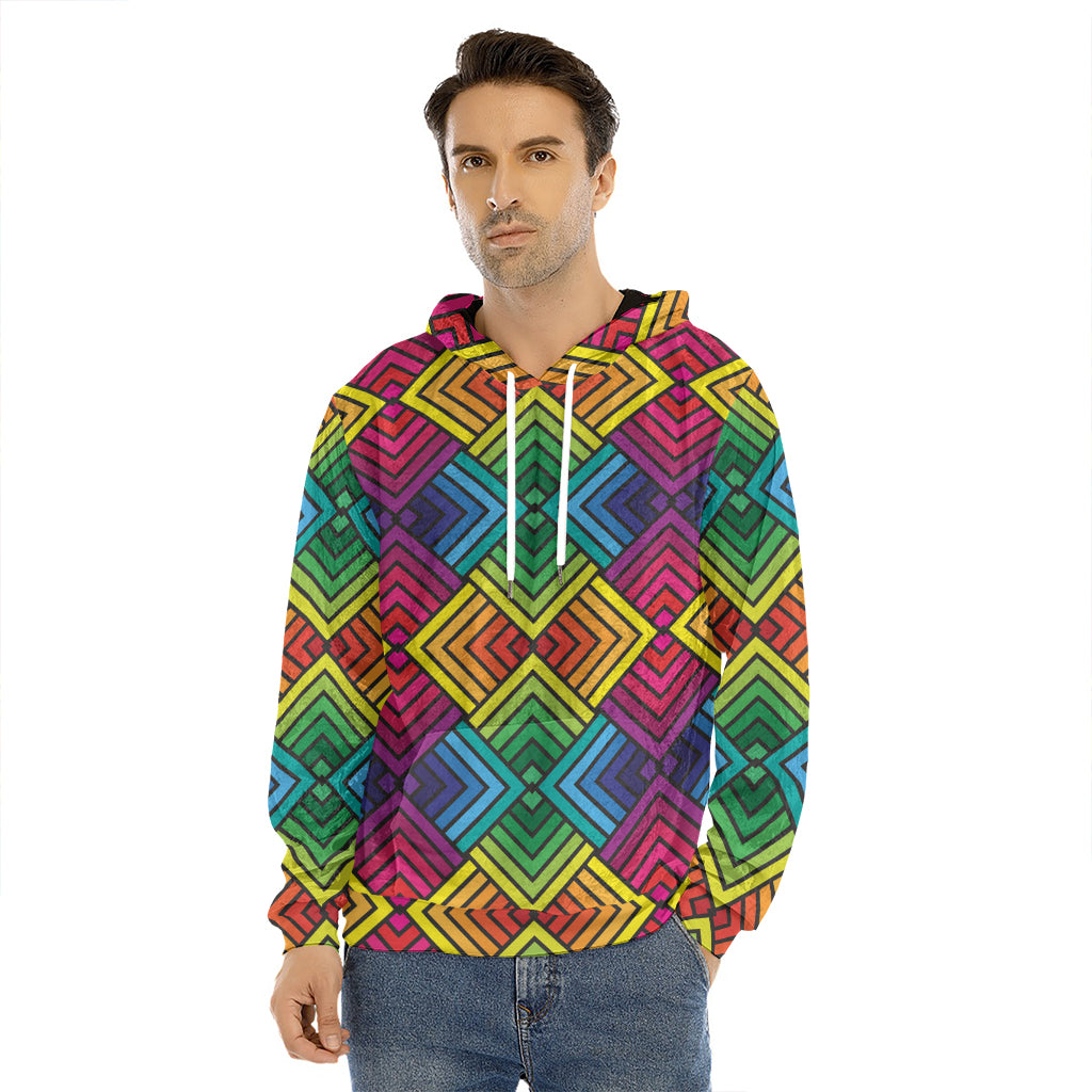 Geometric Rainbow Pattern Print Men's Velvet Pullover Hoodie