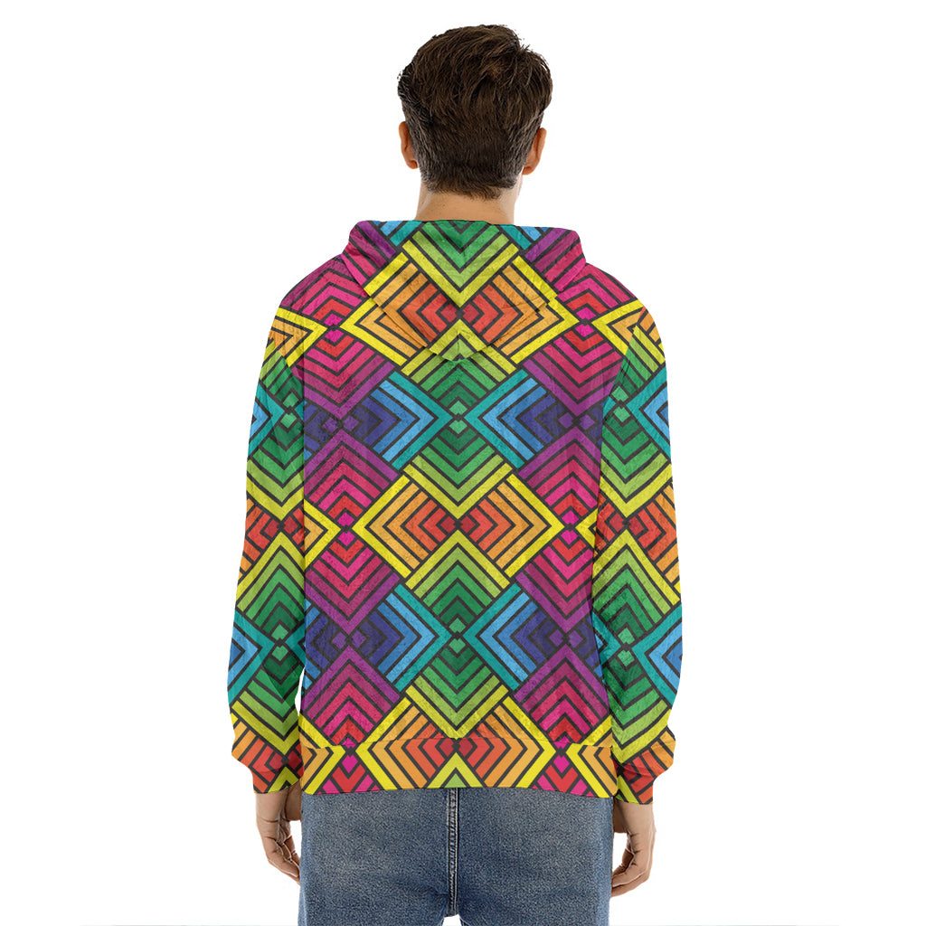 Geometric Rainbow Pattern Print Men's Velvet Pullover Hoodie