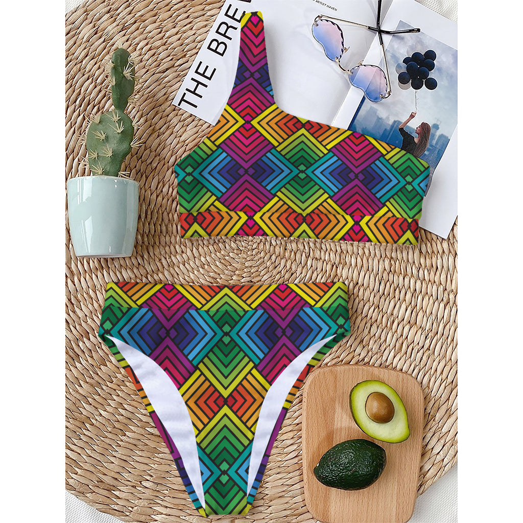 Geometric Rainbow Pattern Print One Shoulder Bikini Top