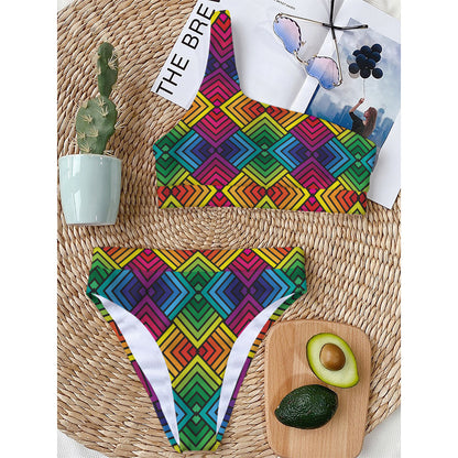 Geometric Rainbow Pattern Print One Shoulder Bikini Top