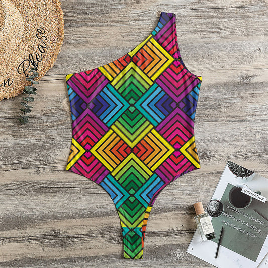 Geometric Rainbow Pattern Print One Shoulder Bodysuit