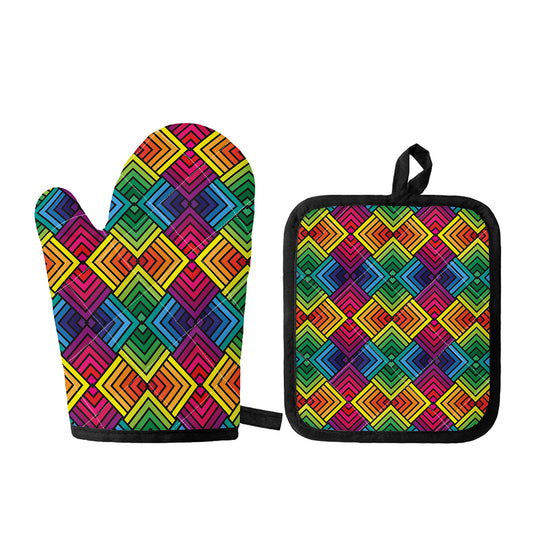 Geometric Rainbow Pattern Print Oven Mitt And Pot Holder Set