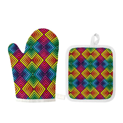 Geometric Rainbow Pattern Print Oven Mitt And Pot Holder Set