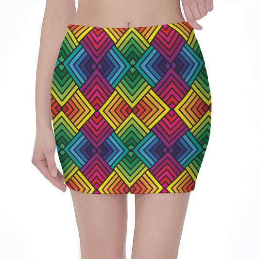 Geometric Rainbow Pattern Print Pencil Mini Skirt
