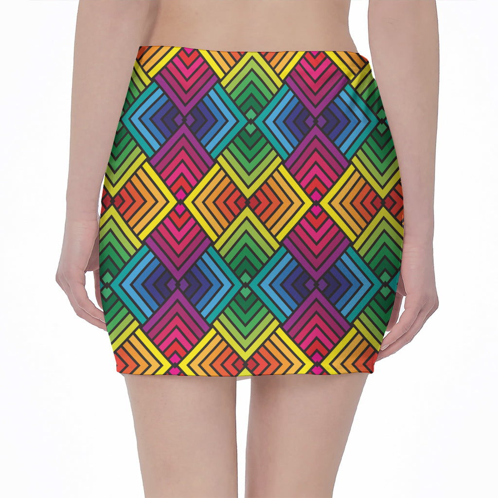 Geometric Rainbow Pattern Print Pencil Mini Skirt