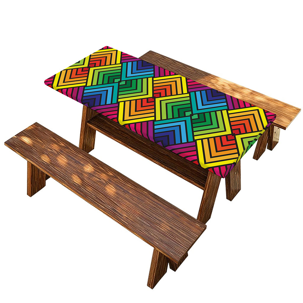 Geometric Rainbow Pattern Print Picnic Table Cover