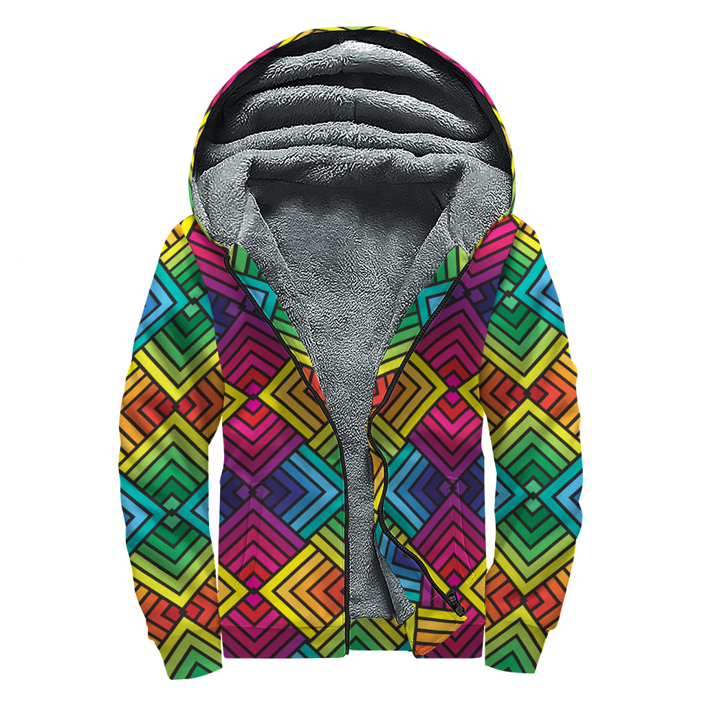 Geometric Rainbow Pattern Print Sherpa Lined Zip Up Hoodie