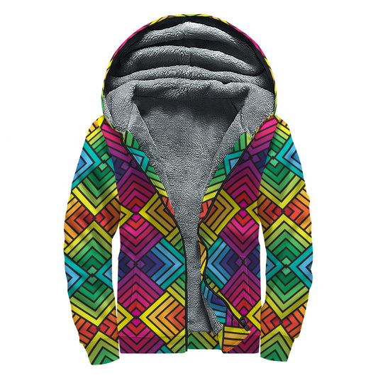 Geometric Rainbow Pattern Print Sherpa Lined Zip Up Hoodie