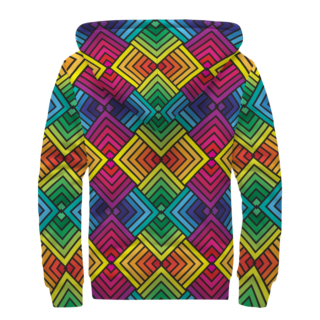 Geometric Rainbow Pattern Print Sherpa Lined Zip Up Hoodie