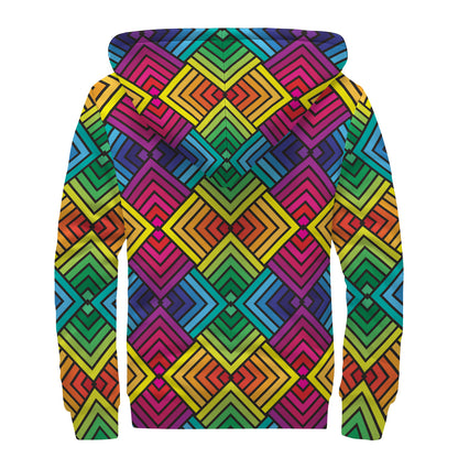 Geometric Rainbow Pattern Print Sherpa Lined Zip Up Hoodie