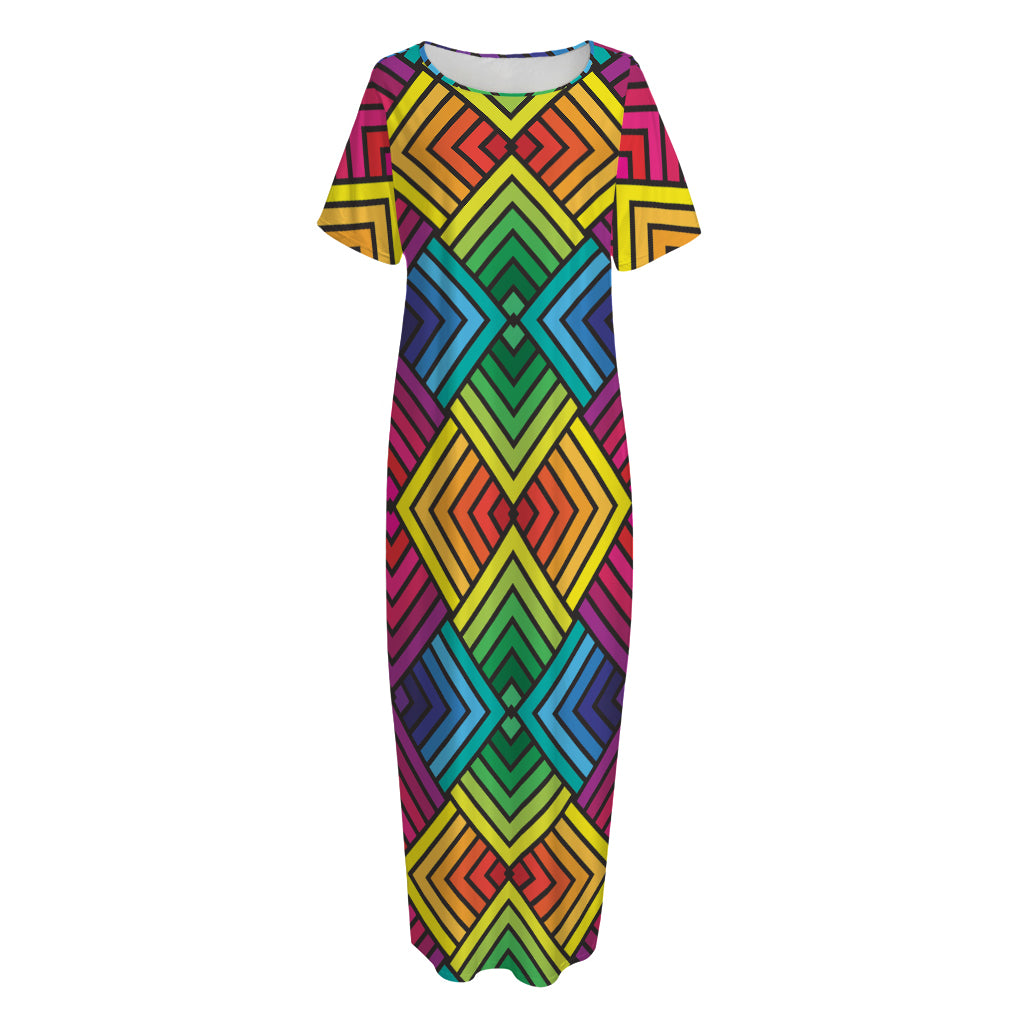 Geometric Rainbow Pattern Print Short Sleeve Long Nightdress