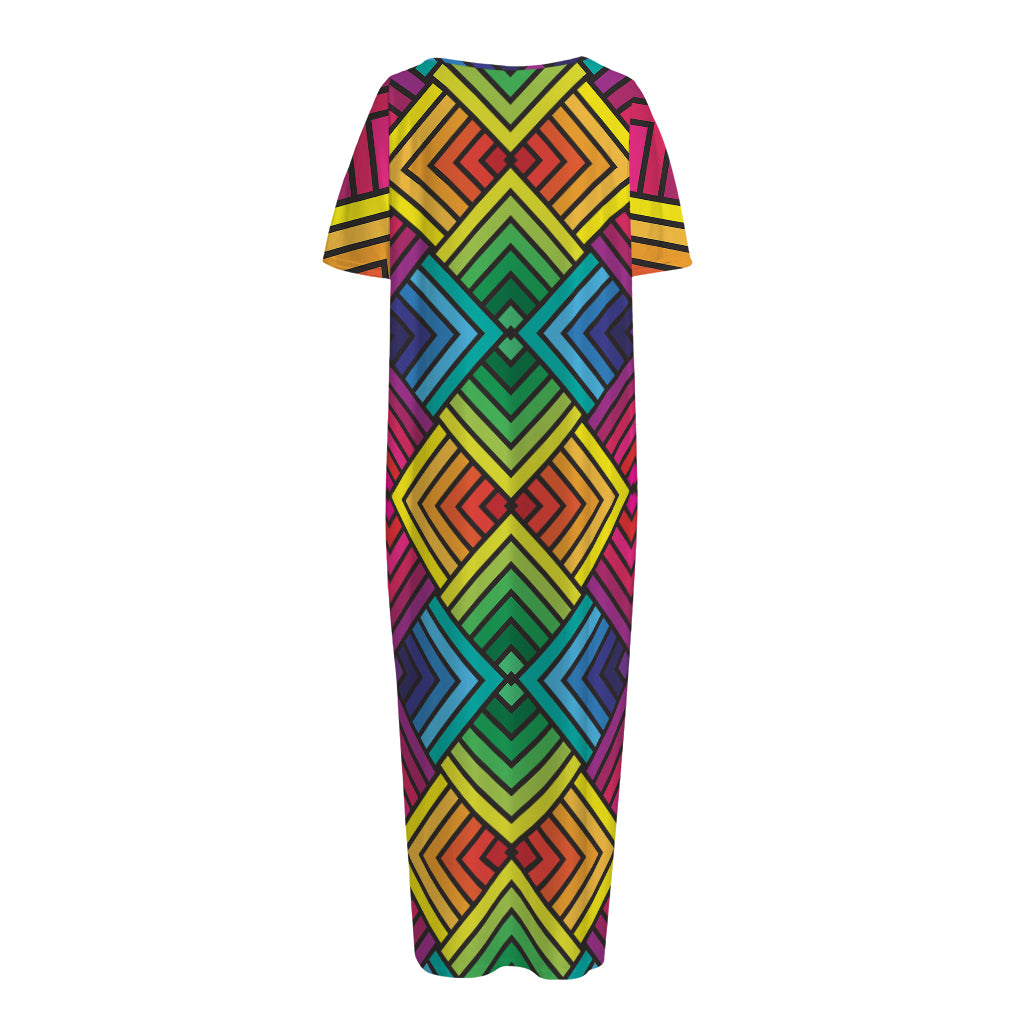 Geometric Rainbow Pattern Print Short Sleeve Long Nightdress