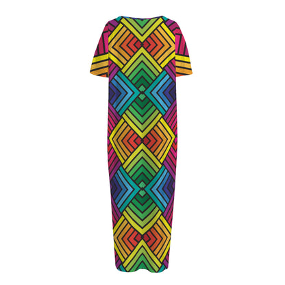 Geometric Rainbow Pattern Print Short Sleeve Long Nightdress