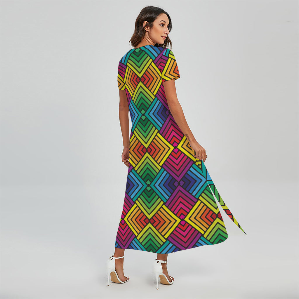 Geometric Rainbow Pattern Print Short Sleeve Maxi Dress