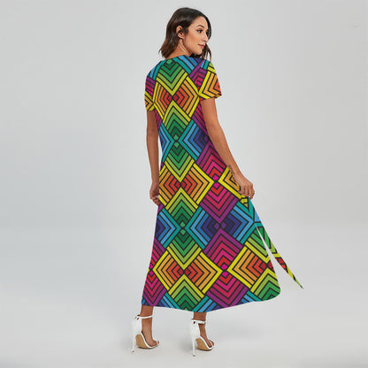 Geometric Rainbow Pattern Print Short Sleeve Maxi Dress