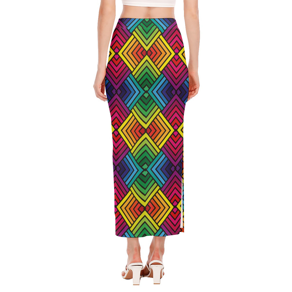 Geometric Rainbow Pattern Print Side Slit Maxi Skirt