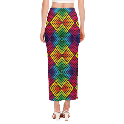 Geometric Rainbow Pattern Print Side Slit Maxi Skirt