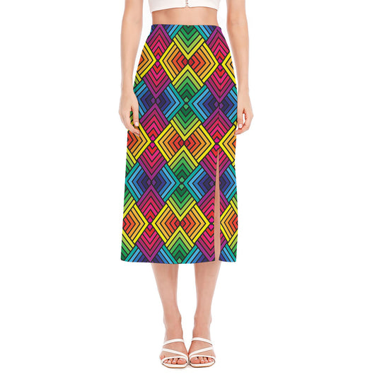 Geometric Rainbow Pattern Print Side Slit Midi Skirt