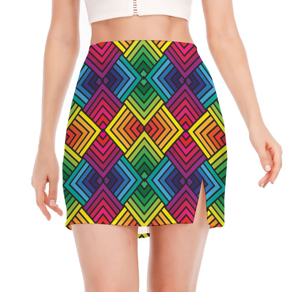 Geometric Rainbow Pattern Print Side Slit Mini Skirt