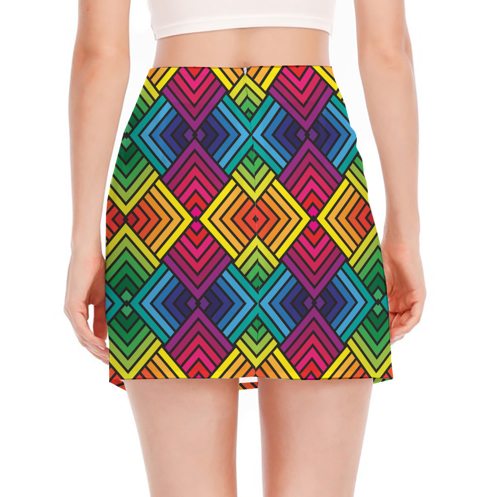 Geometric Rainbow Pattern Print Side Slit Mini Skirt