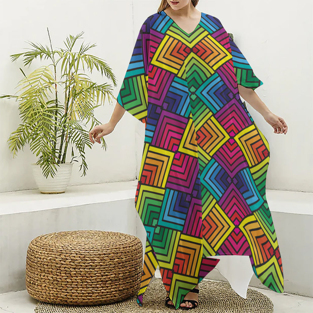 Geometric Rainbow Pattern Print Silk V-Neck Kaftan Dress