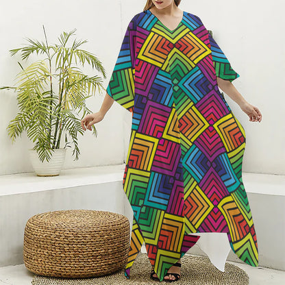 Geometric Rainbow Pattern Print Silk V-Neck Kaftan Dress