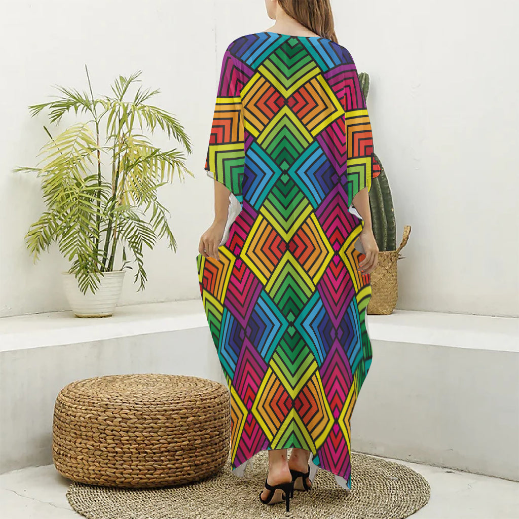Geometric Rainbow Pattern Print Silk V-Neck Kaftan Dress