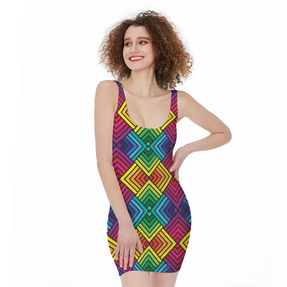 Geometric Rainbow Pattern Print Sleeveless Bodycon Dress