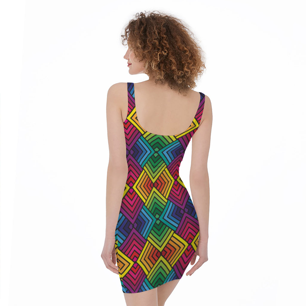 Geometric Rainbow Pattern Print Sleeveless Bodycon Dress
