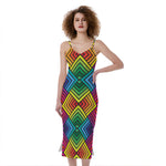 Geometric Rainbow Pattern Print Slim Fit Midi Cami Dress